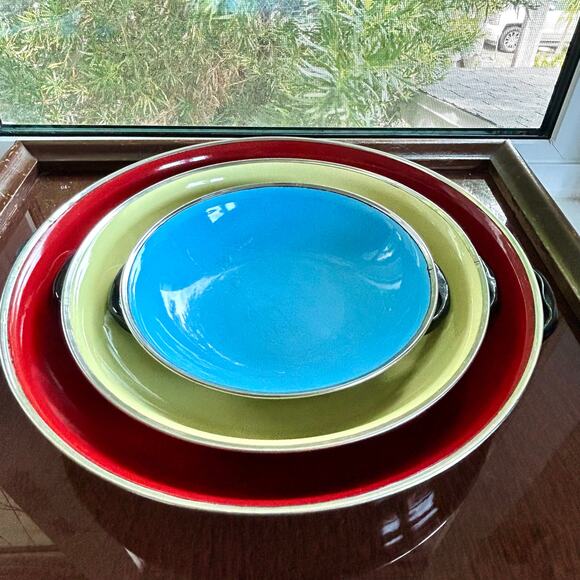 Vintage Mid Century Modern Emo Celje Double Handled Enamel Sauté Pans Set of 3 - Picture 1 of 16